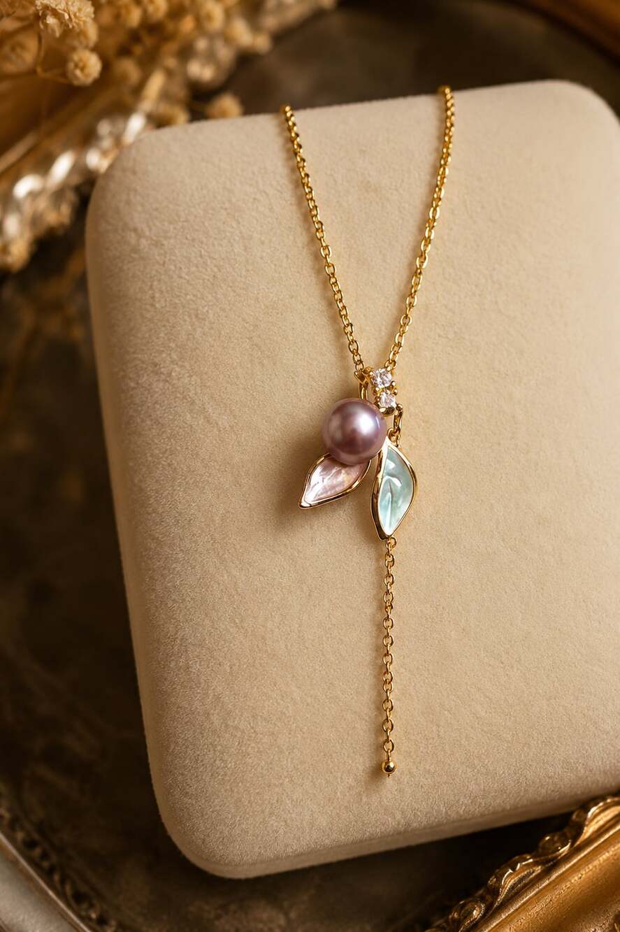 Lily of the Valley Pearl and Enamel Leaf Necklace